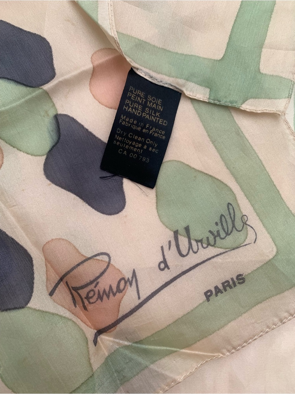 Vintage Holt Renfrew Remoy d'Urville Hand Painted Silk Scarf Madein France Green